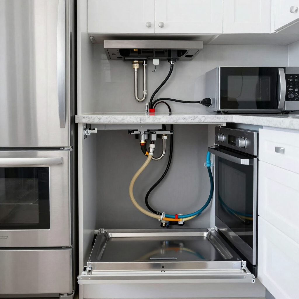 Person using pliers to work on plumbing beside a white water heater and metal pipes.