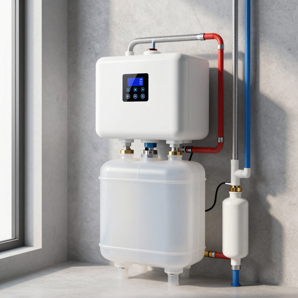 Compact white water filtration system with digital display and connected pipes in a utility room