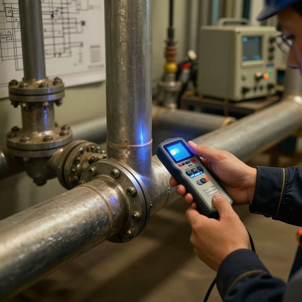 Plumber inspecting pipes under a kitchen sink with a handheld device in a modern kitchen