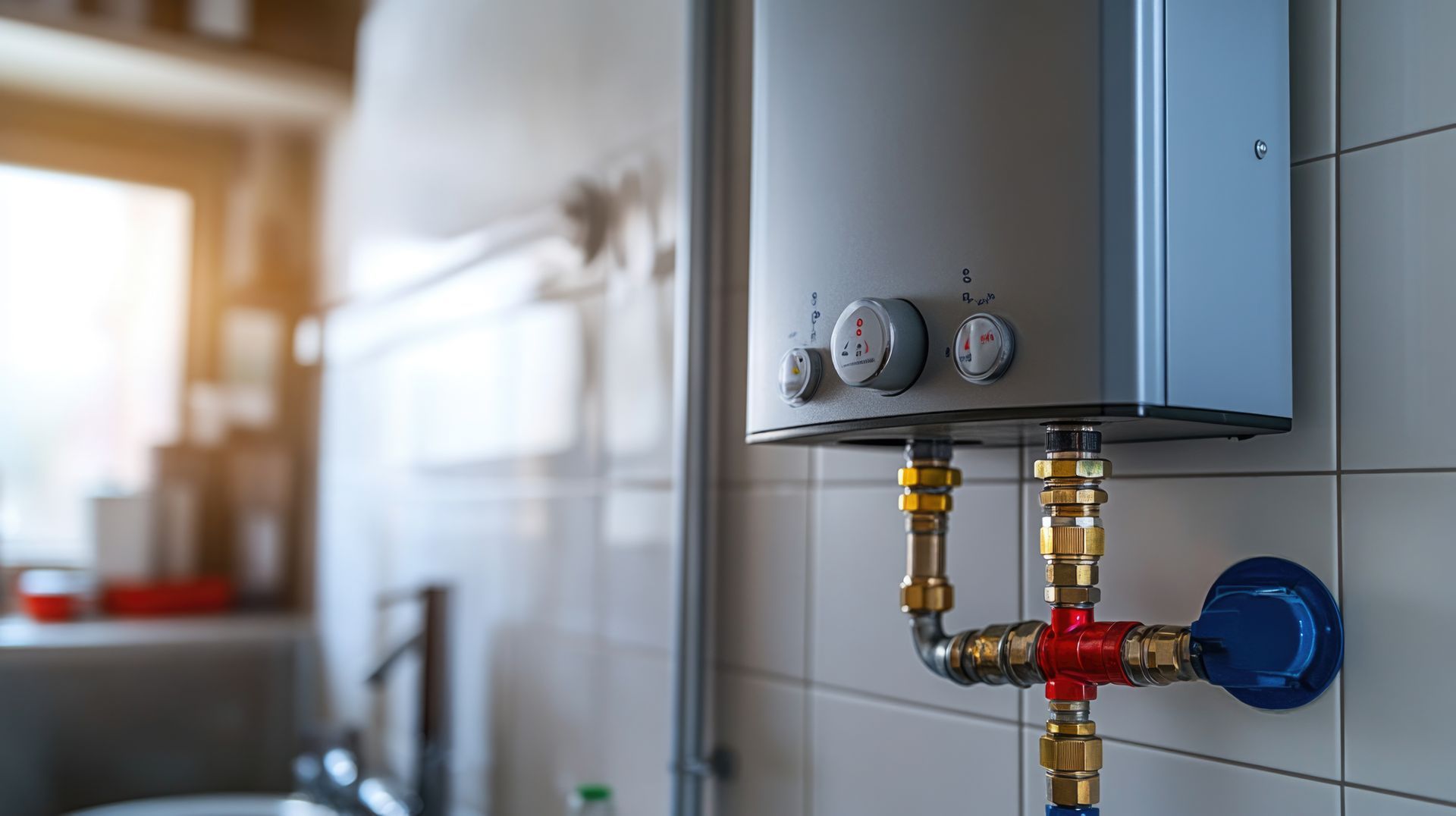 Wall-mounted water heater with pipes and valves in a tiled utility room, lit by sunlight
