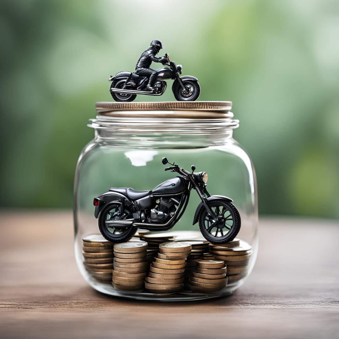 A motorcycle is sitting on top of a jar of coins.