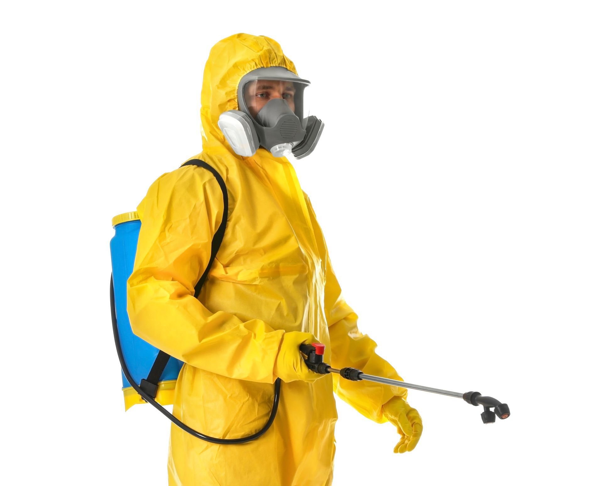 Person in yellow hazmat suit and respirator spraying with a handheld sprayer