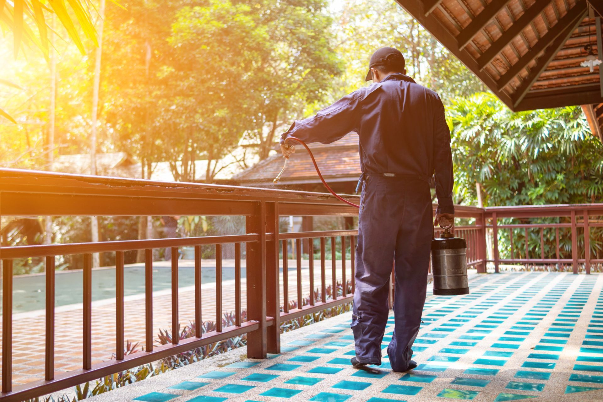 Person standing on a wooden balcony overlooking a sunlit path, with warm orange light and green trees.