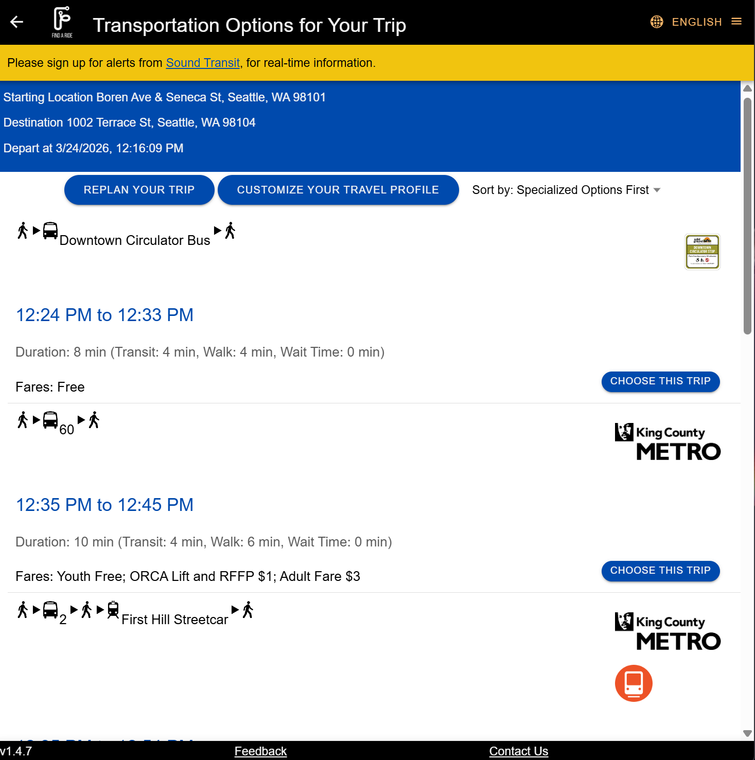 The trip planner with the Circulator, a Metro Bus, and a mixed trip with Streetcar