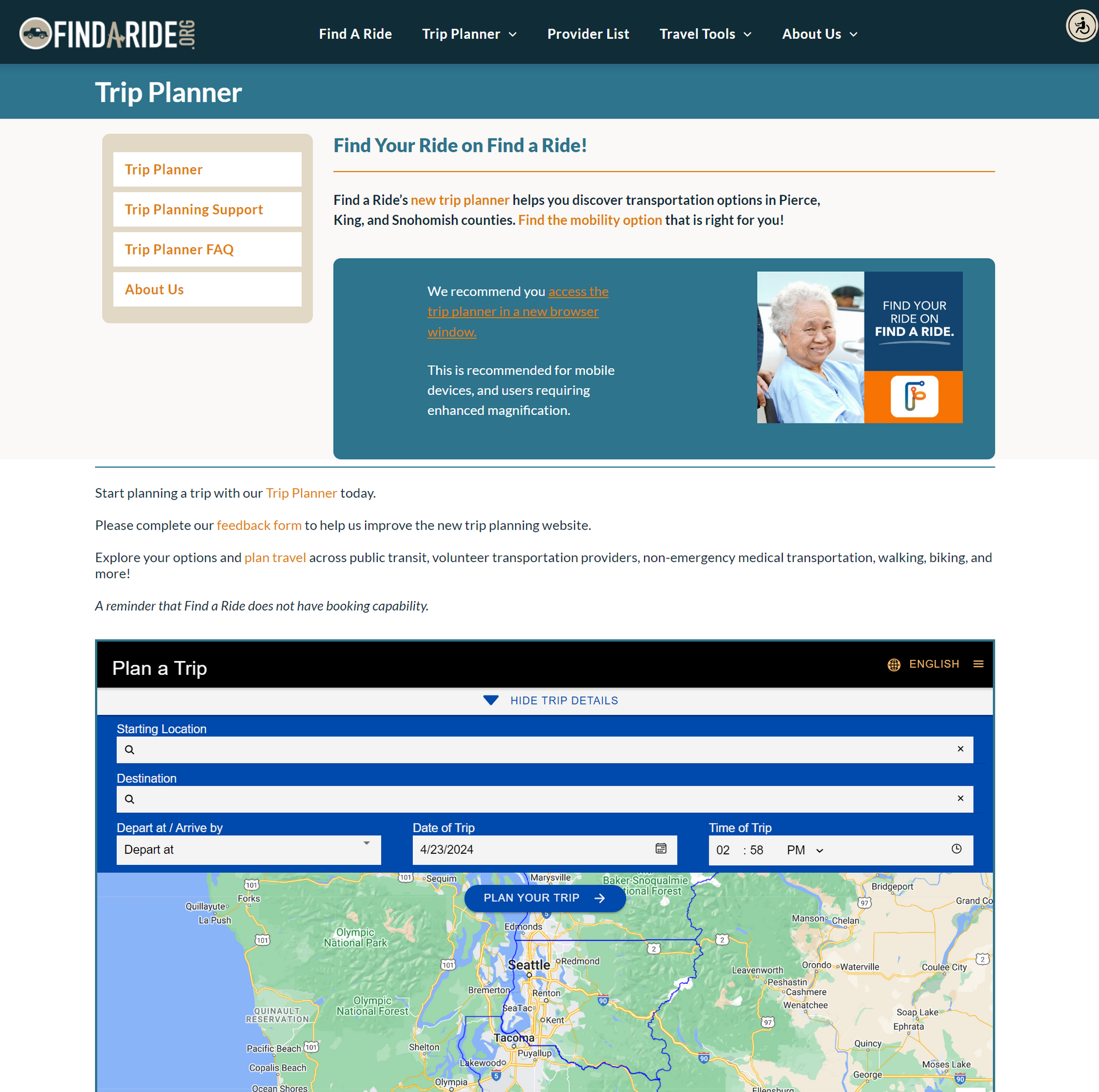 Screenshot of landing page for Find a Ride's new trip planner.