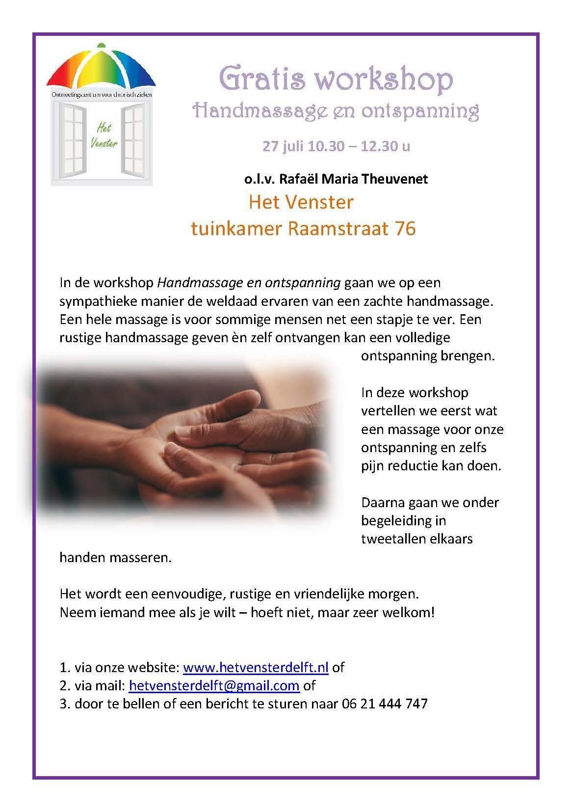 Flyer Workshop Handmassage bij Het Venster Delft
