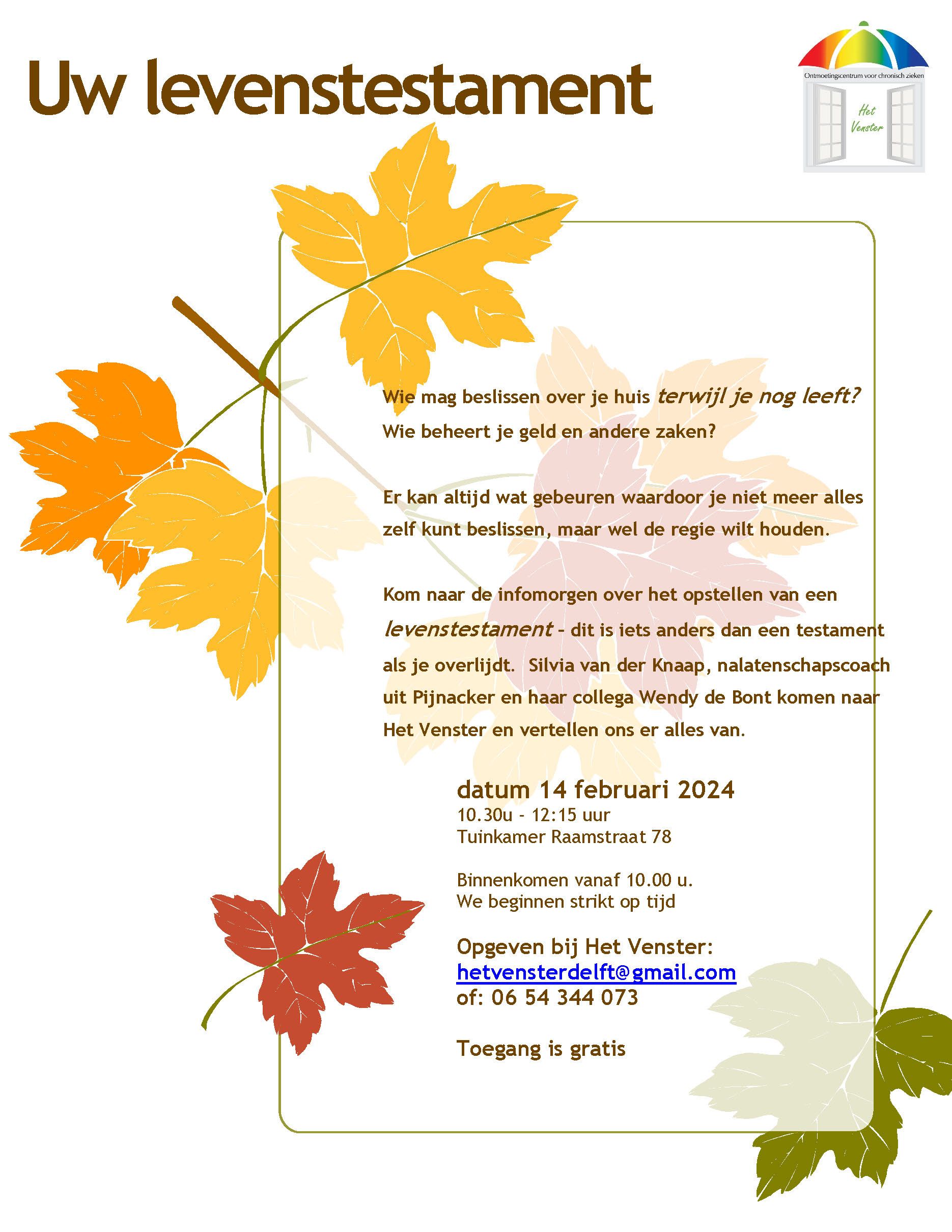 Flyer lezing levenstestament Het Venster Delft