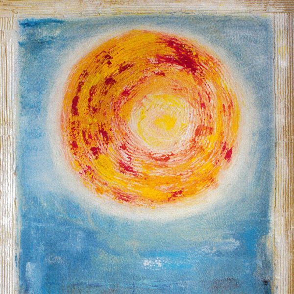 Schilderij van een zon in een blauwe hemel
