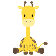 Simpatica giraffa gialla a macchie marroni, seduta e sorridente su sfondo bianco, in stile cartone animato.