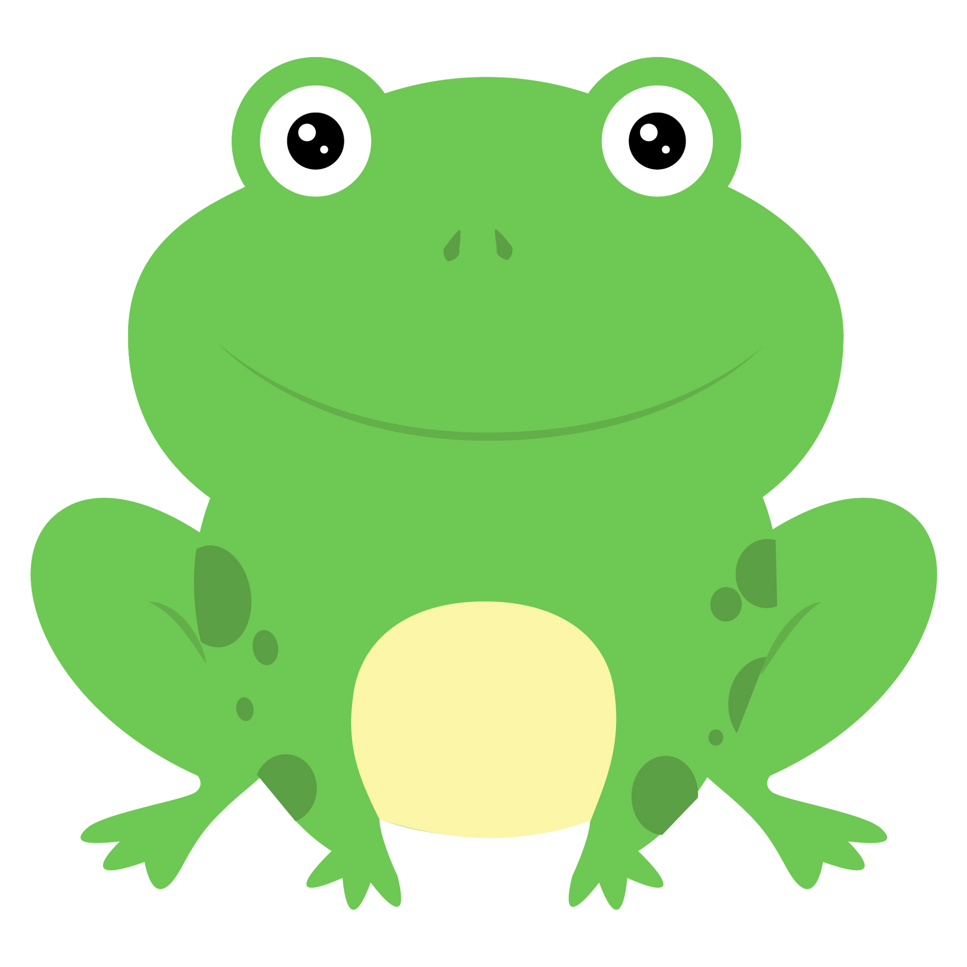 Simpatica rana verde in stile cartone animato con la pancia giallo pallido e grandi occhi rotondi, seduta e sorridente.