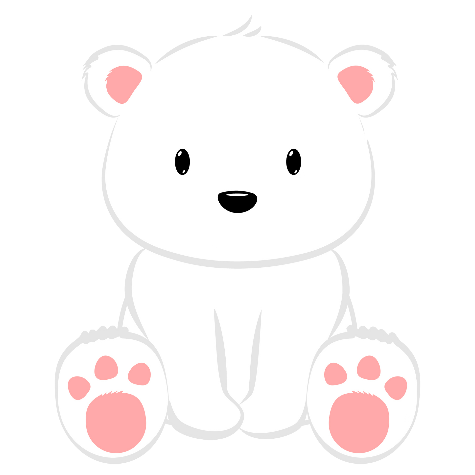 Simpatico orsetto di peluche bianco con zampe e orecchie rosa, seduto e rivolto in avanti su sfondo bianco.