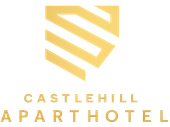 Castlehill Aparthotel logo with gold geometric shield and text on white background