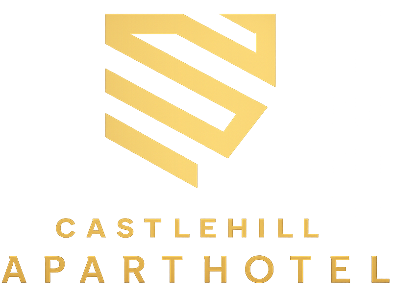 Castlehill Aparthotel logo with gold geometric shield and text on white background