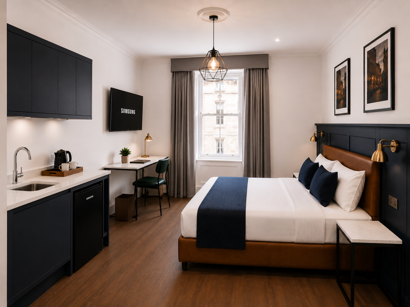 Modern hotel room with a bed, desk, kitchenette, and window light