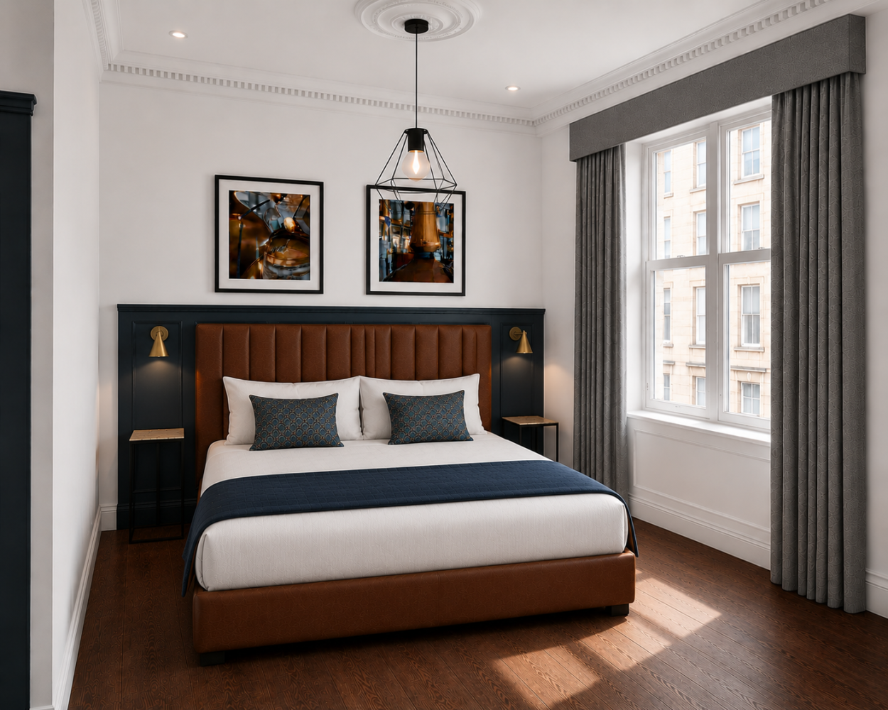 Modern bedroom with a dark wood bed, framed art, and a large window with gray curtains