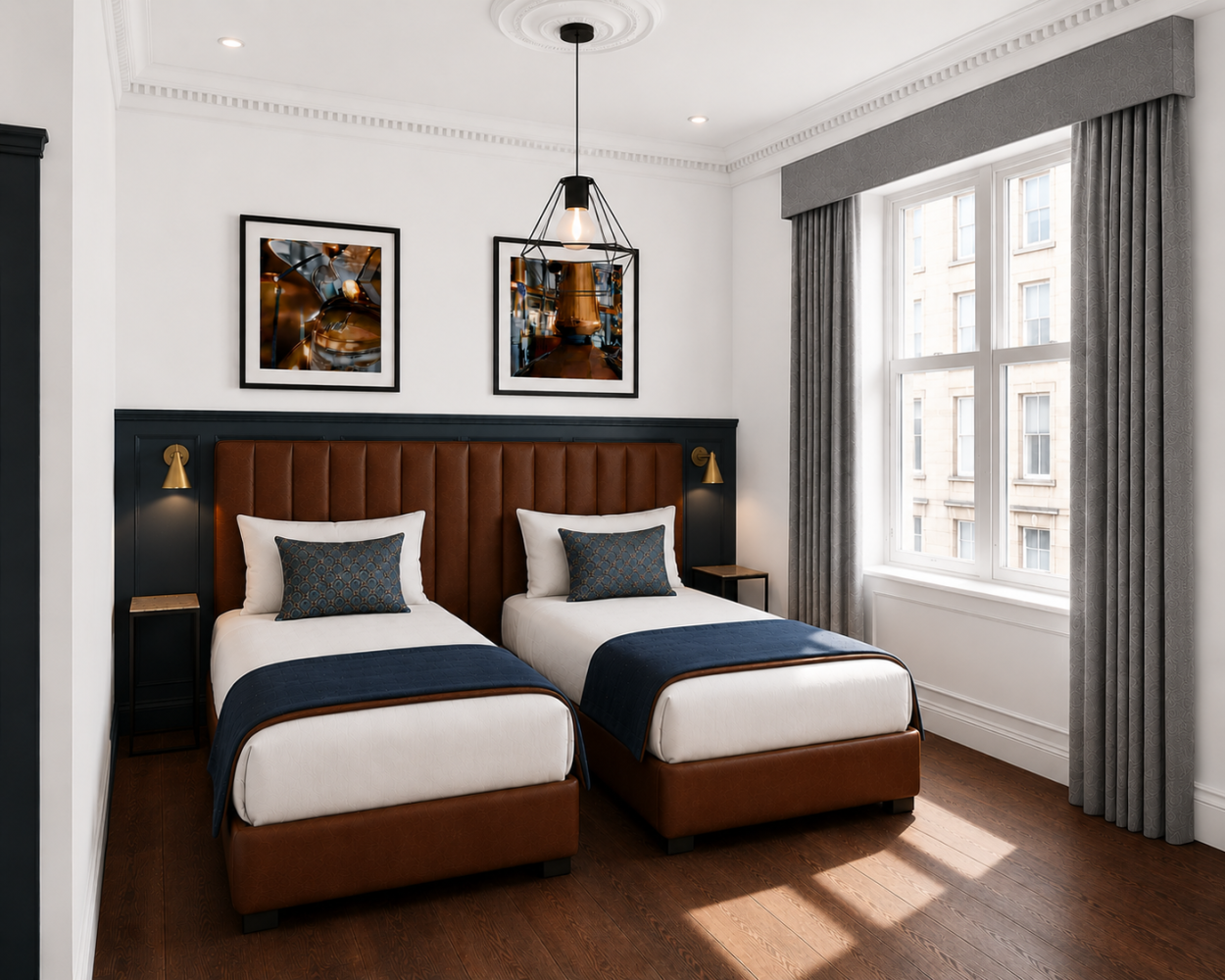 Modern bedroom with two twin beds, dark headboard, framed art, and a large window with gray curtains.