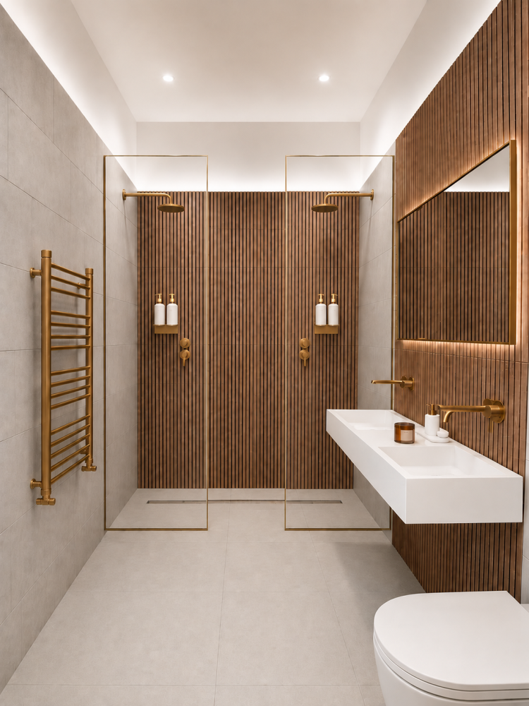 Modern bathroom with wood-paneled shower, wall-mounted sink, mirror, towel rack, and toilet.