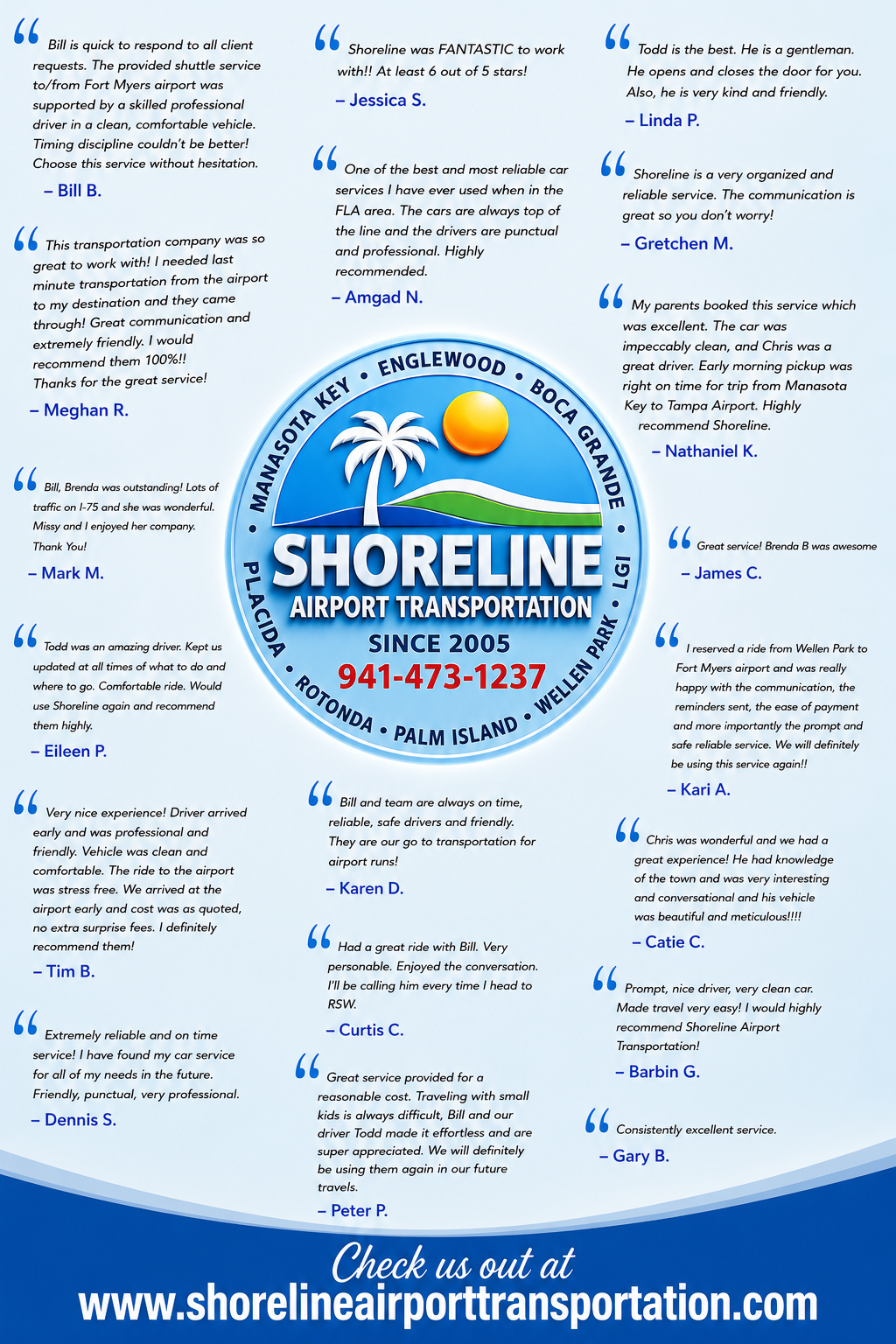 Shoreline airport transportation ad with central blue logo, phone number, testimonials, and website on a light background