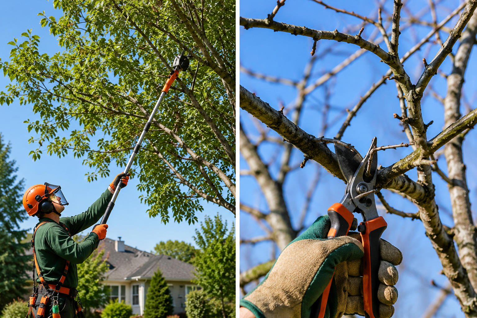 Arborist pruning tree branches with a pole saw while wearing safety gear, close-up of cutting tool in use