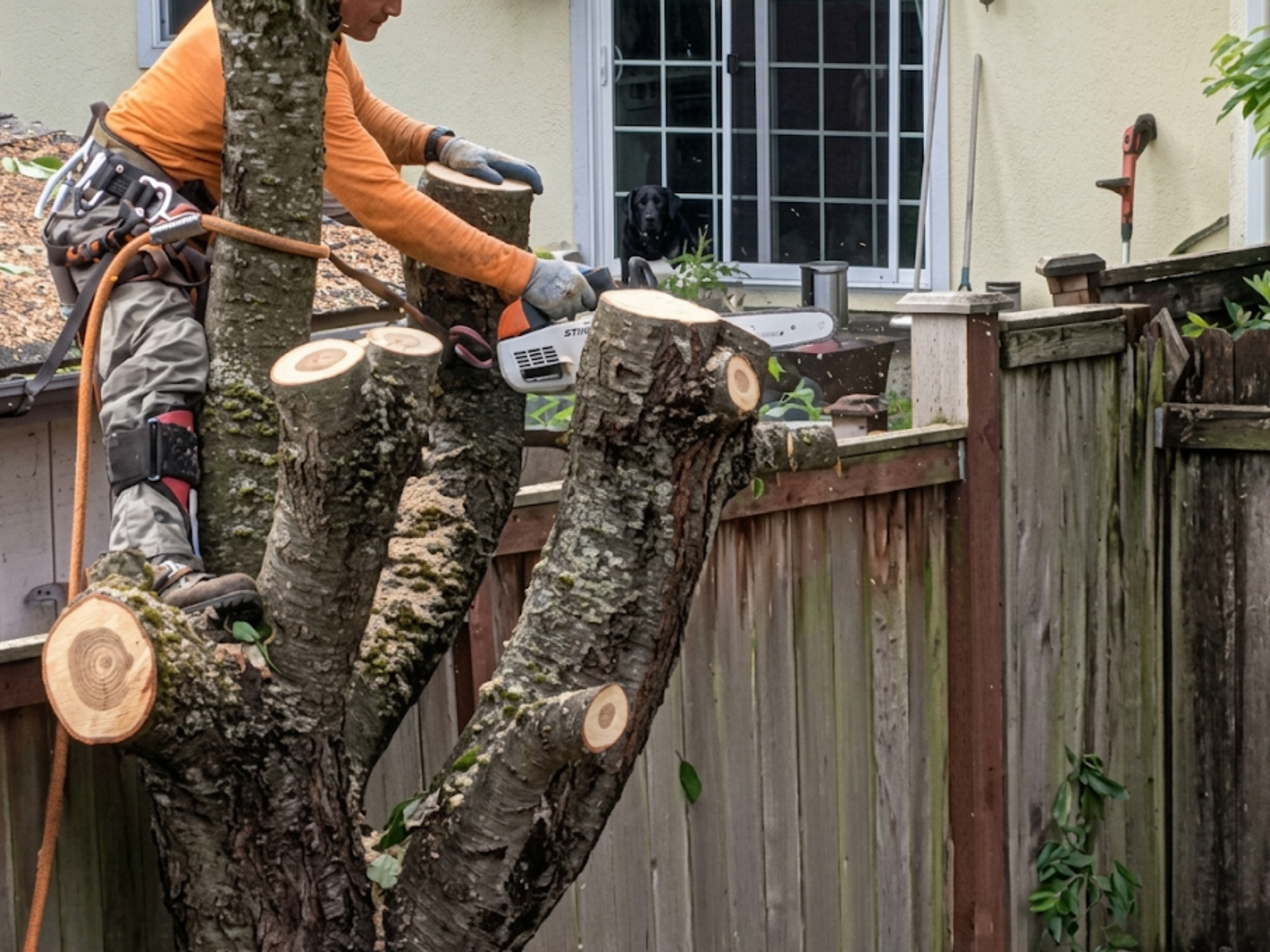 Tree worker in orange shirt trimming branches beside a wooden fence.