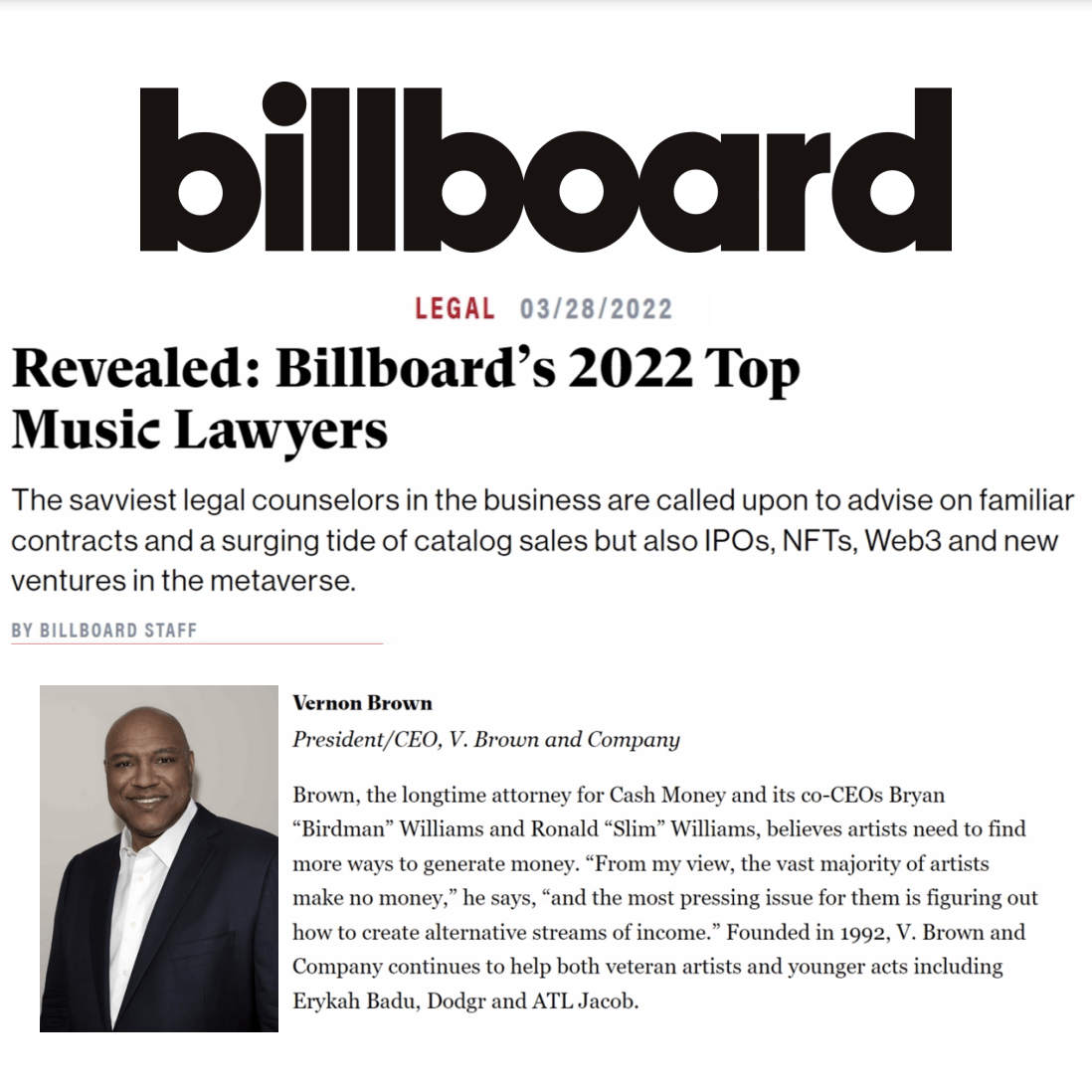 Billboard 2022 Top Music Lawyers, Vernon Brown