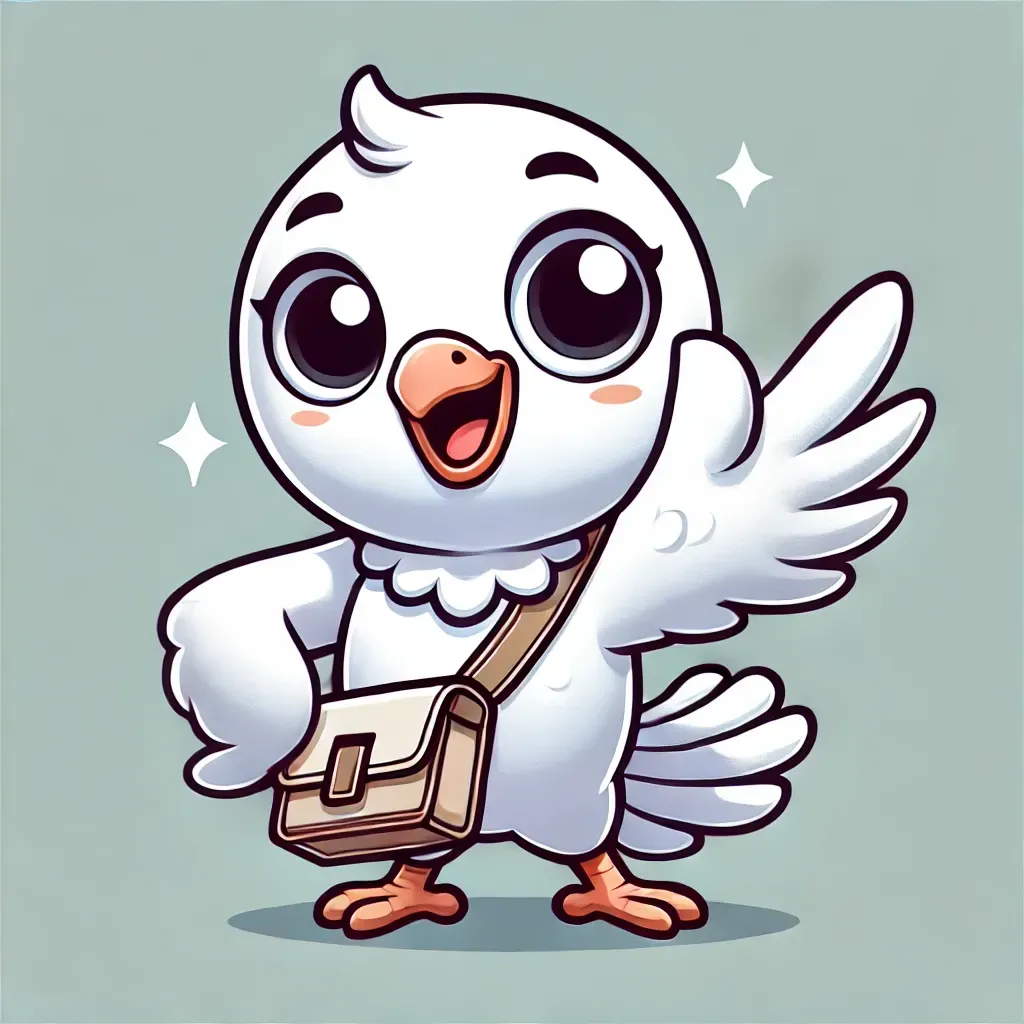 Uma ilustração de desenho animado de um pássaro branco segurando uma bolsa e acenando.