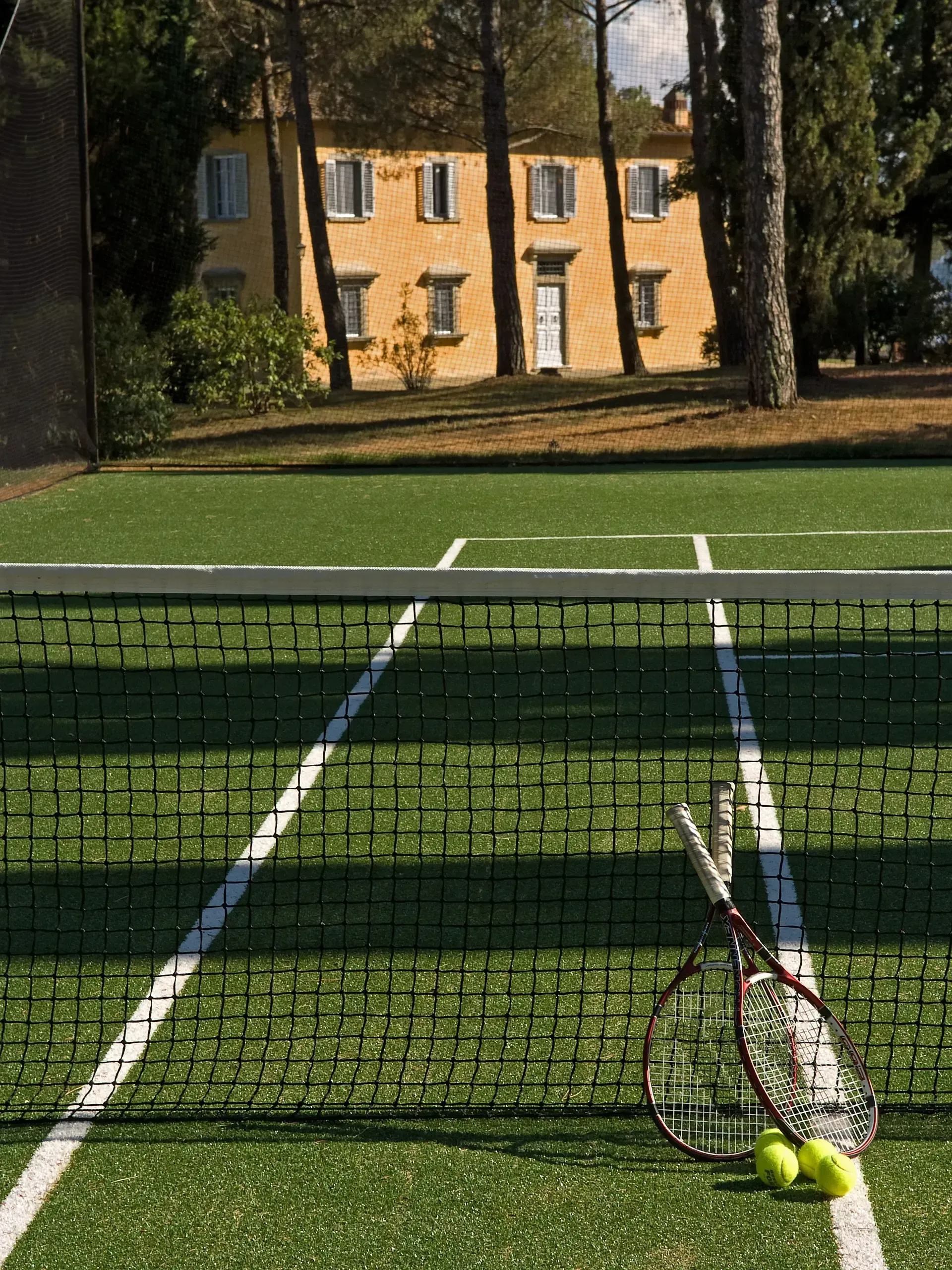 Tennis net and court with two racquets, tennis balls, and a yellow house in the background.