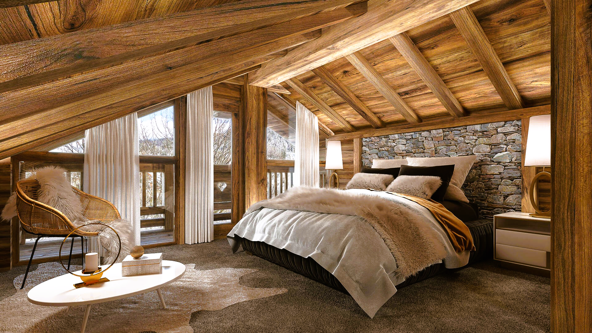 Cozy bedroom with wood beams, a bed with fur throw, a stone wall, and a wicker chair by a window overlooking snow.