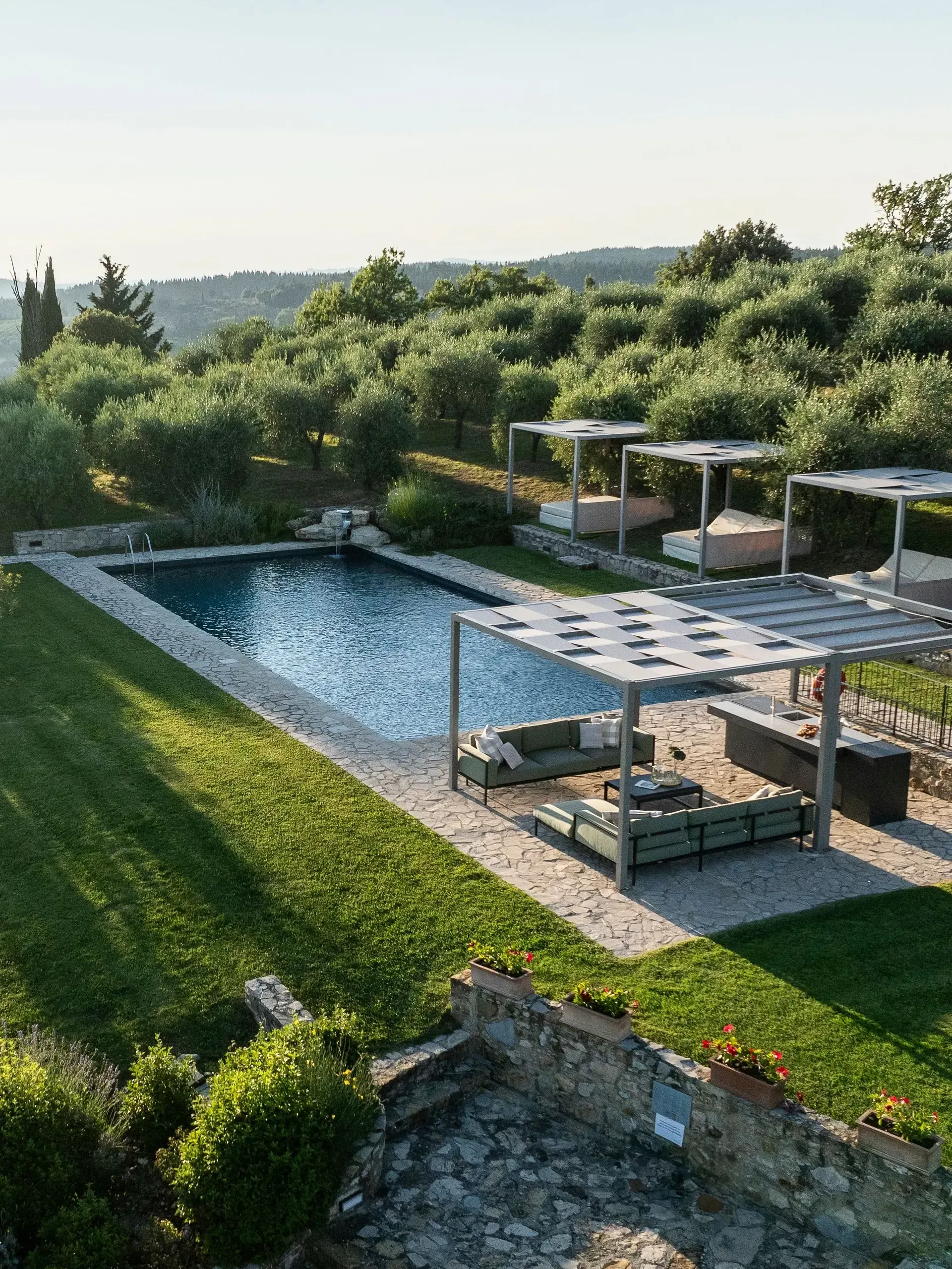 Pool area with loungers, surrounded by green grass and olive trees under a bright sky.