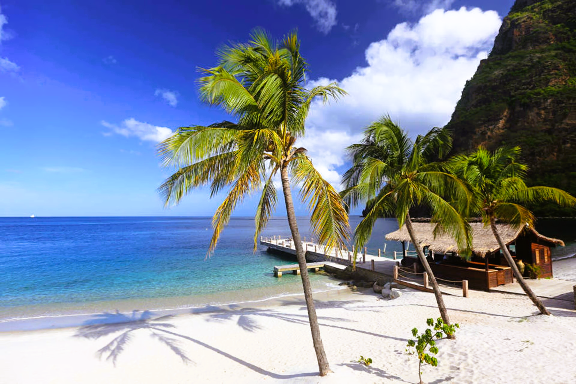White sand beach with palm trees, turquoise water, wooden hut, and pier under blue sky.