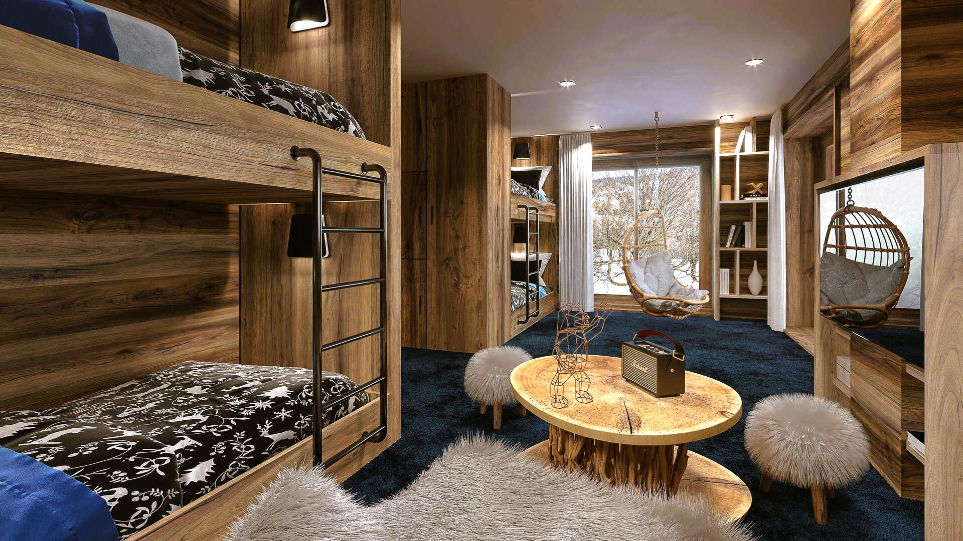 Wooden bunk beds in a cozy room with a snowy view. Round coffee table, fluffy stools, and hanging chair.