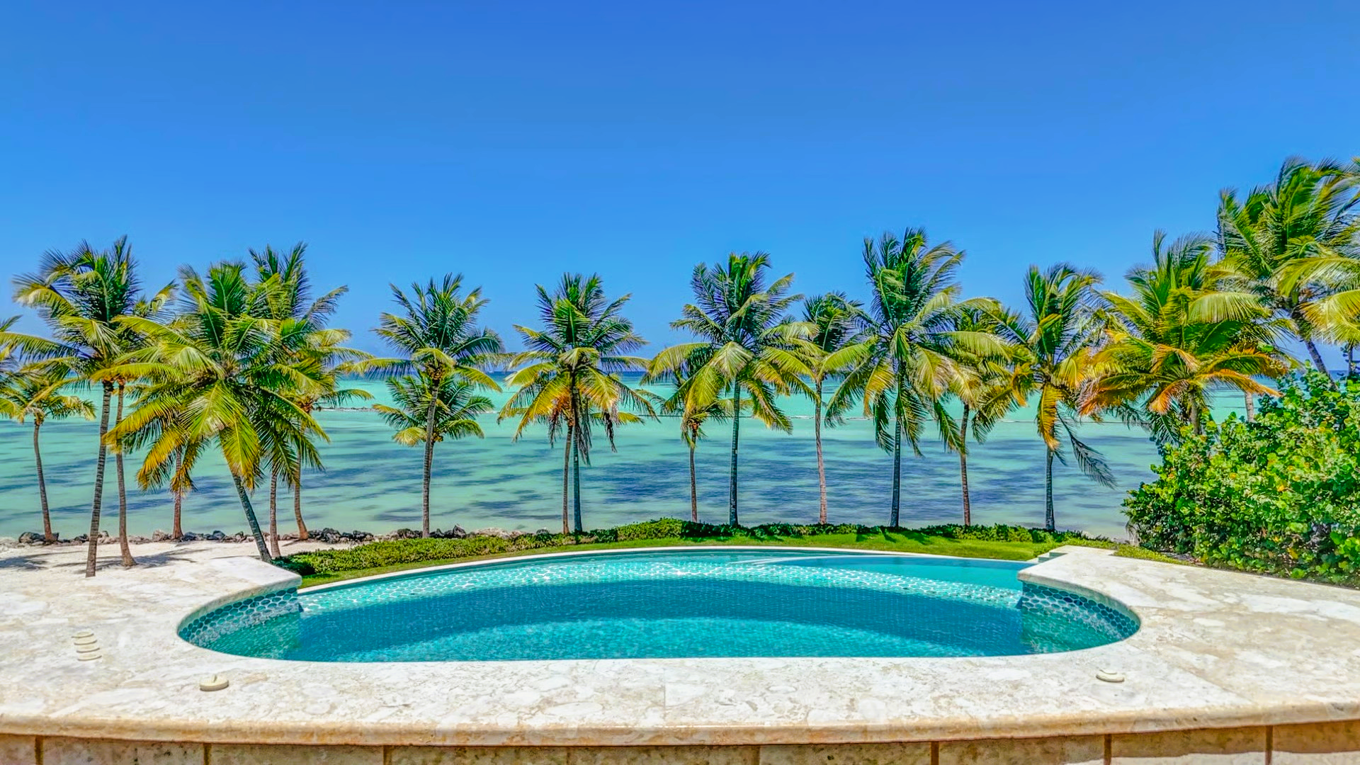 Pool with turquoise water overlooking ocean, palm trees, and blue sky.
