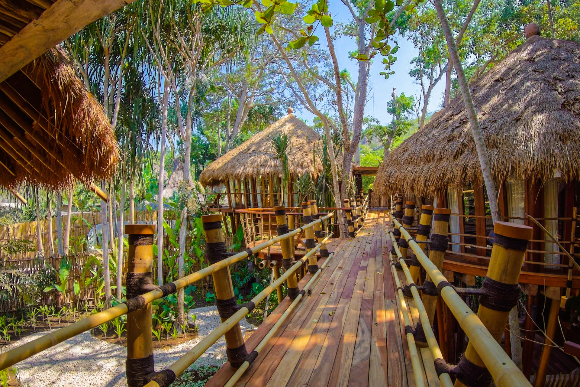 Wooden bridge leading to thatched-roof structures in a lush, green tropical setting.