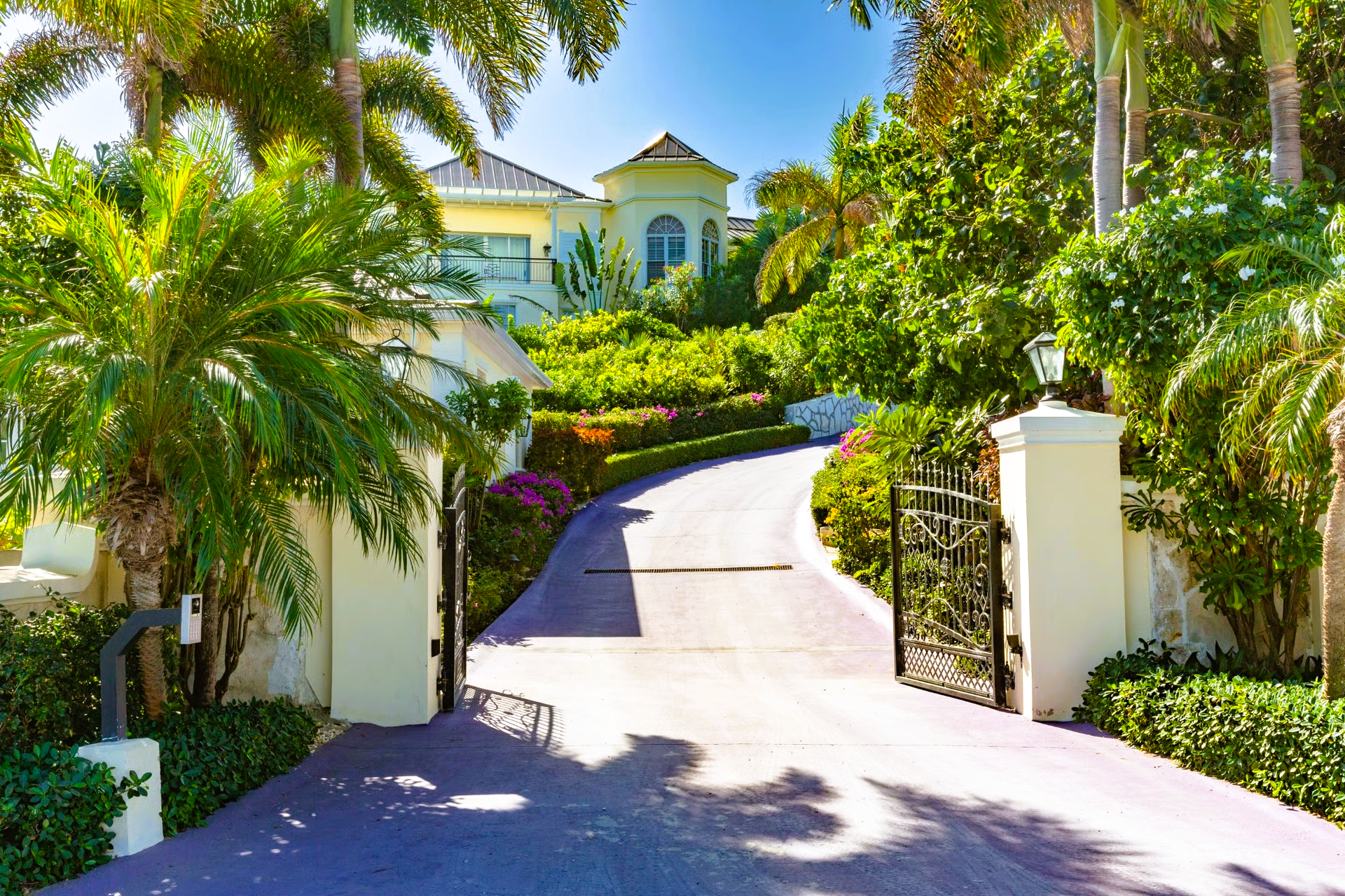 Gated mansion entrance with lush greenery and a winding driveway under a bright sky.
