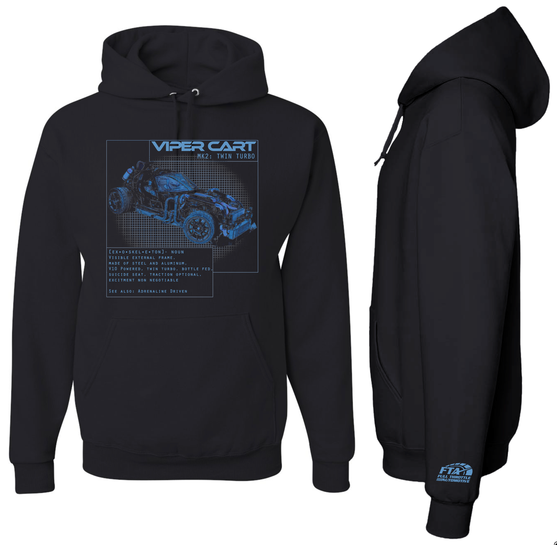 Black hoodie with Viper Cart image and text on front | Full Throttle Automotive LLC