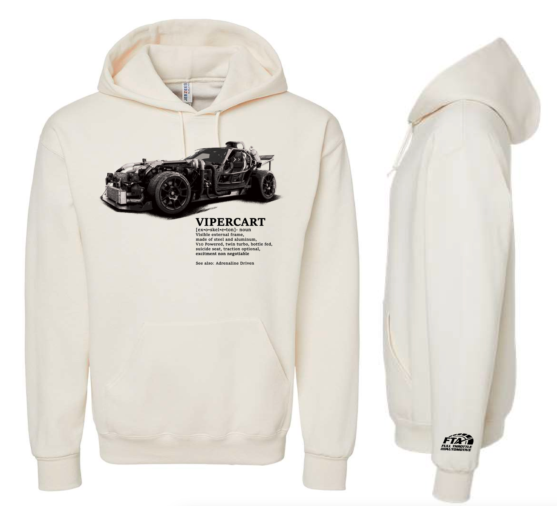 Cream Hoodie with Viper Cart artwork and text on front | Full Throttle Automotive LLC