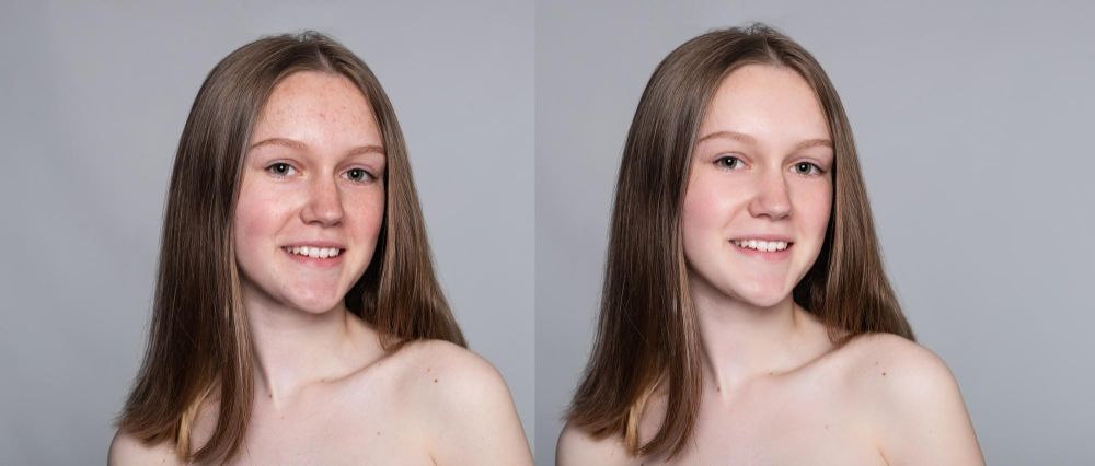 Side-by-side portrait of a smiling woman against a plain gray background