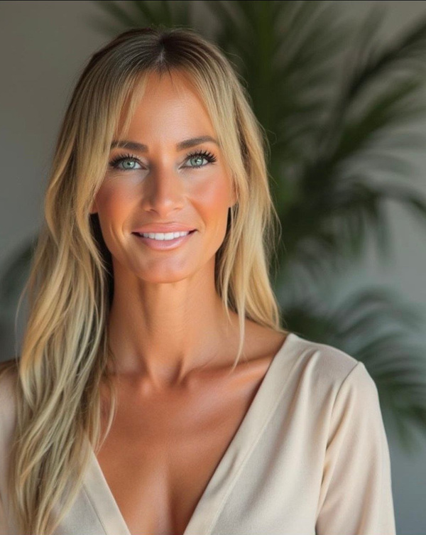 Smiling blonde woman in a beige top against a soft-focus indoor plant background