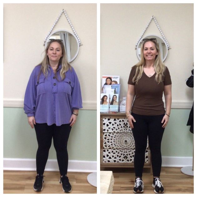 Woman shown before and after weight loss, standing indoors in purple top then brown top and black pants