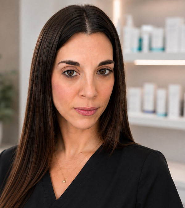 Woman in a black top standing indoors, with shelves of products in the background.