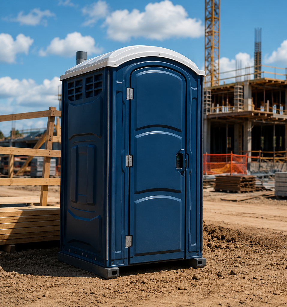 Blue portable toilet at a construction site with a building in progress in the background