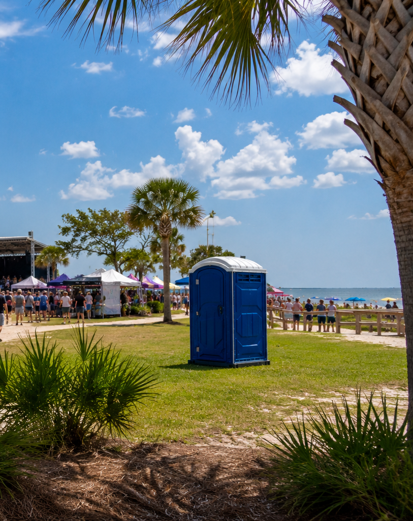 Blue portable toilet on a grassy beachside lawn under palm trees and a sunny sky.