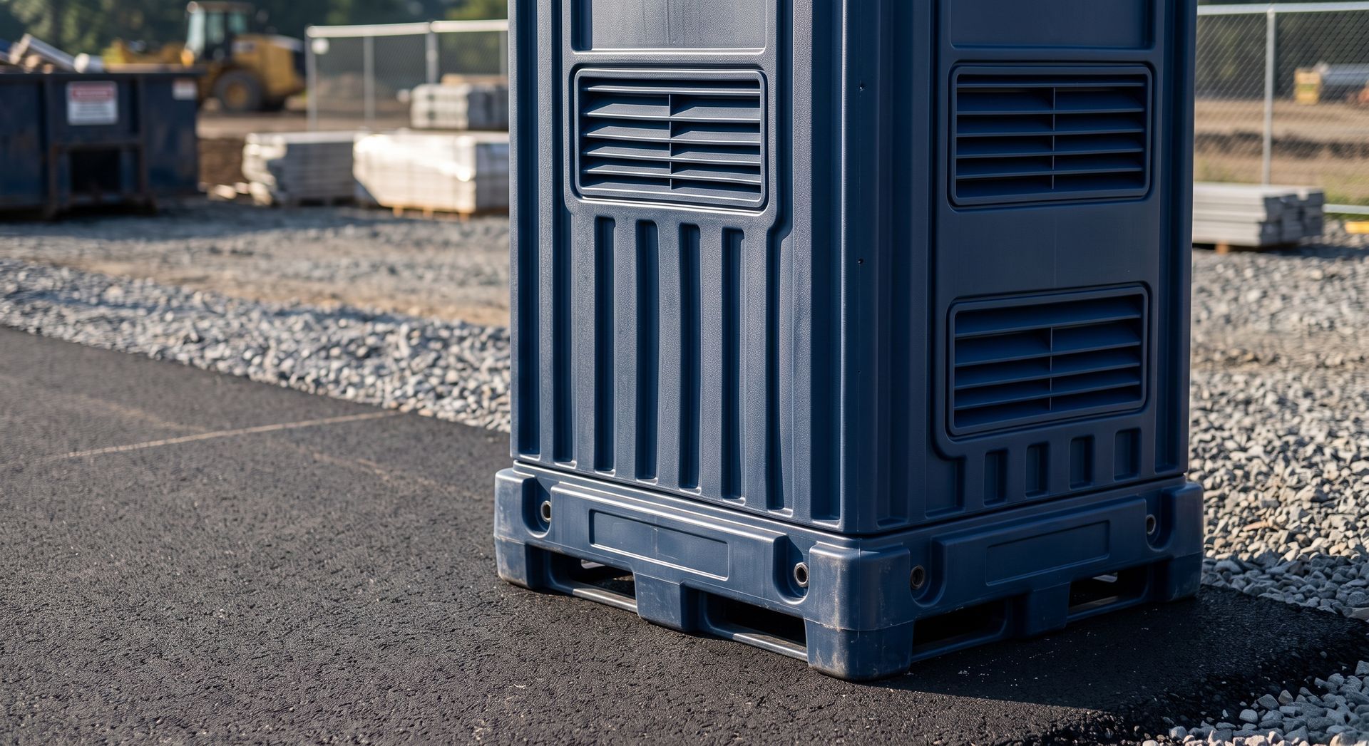 Blue portable toilet at a construction site with a building frame, excavator, and sandy ground under a blue sky