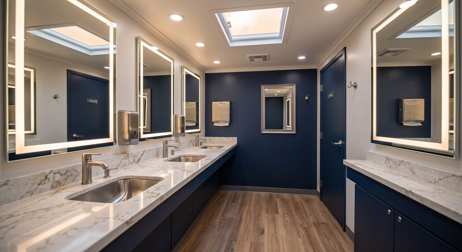 Luxury spa bathroom with marble walls, glass shower, double sink, and rolled towels on a countertop