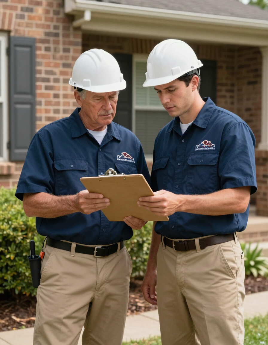 Two workers in hard hats review a clipboard outside a brick house.