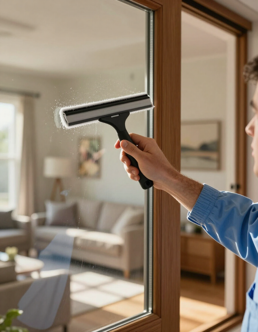 Person cleaning a glass door with a squeegee inside a bright living room.