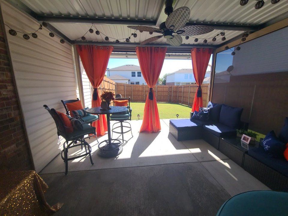 Patio with orange curtains