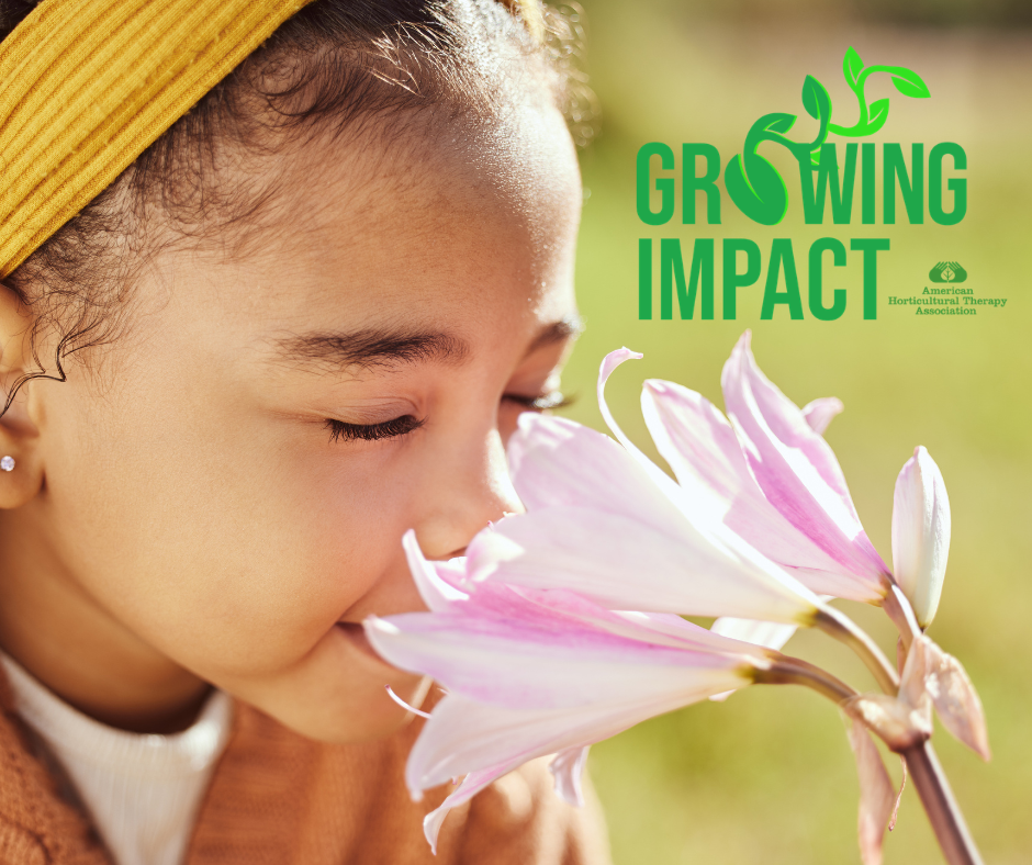 Child smelling flower; Growing Impact logo top right