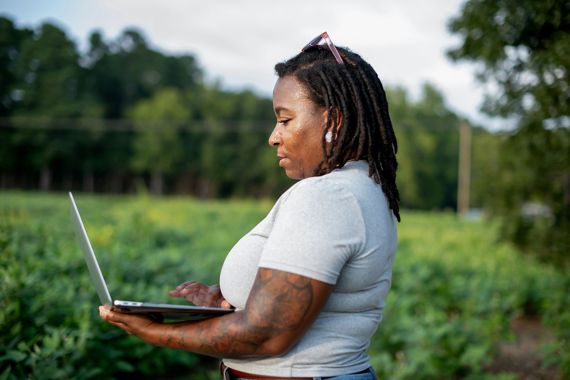 person laptop field