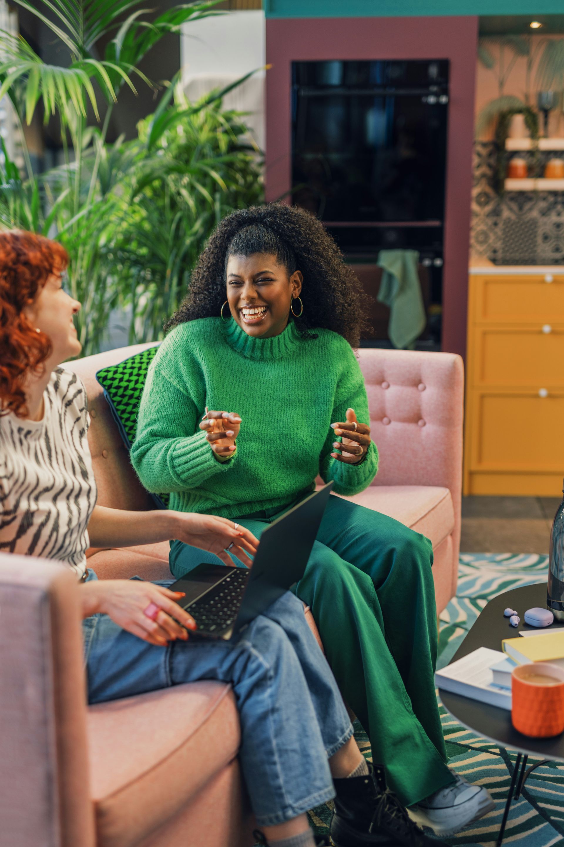 People talking sitting on couch